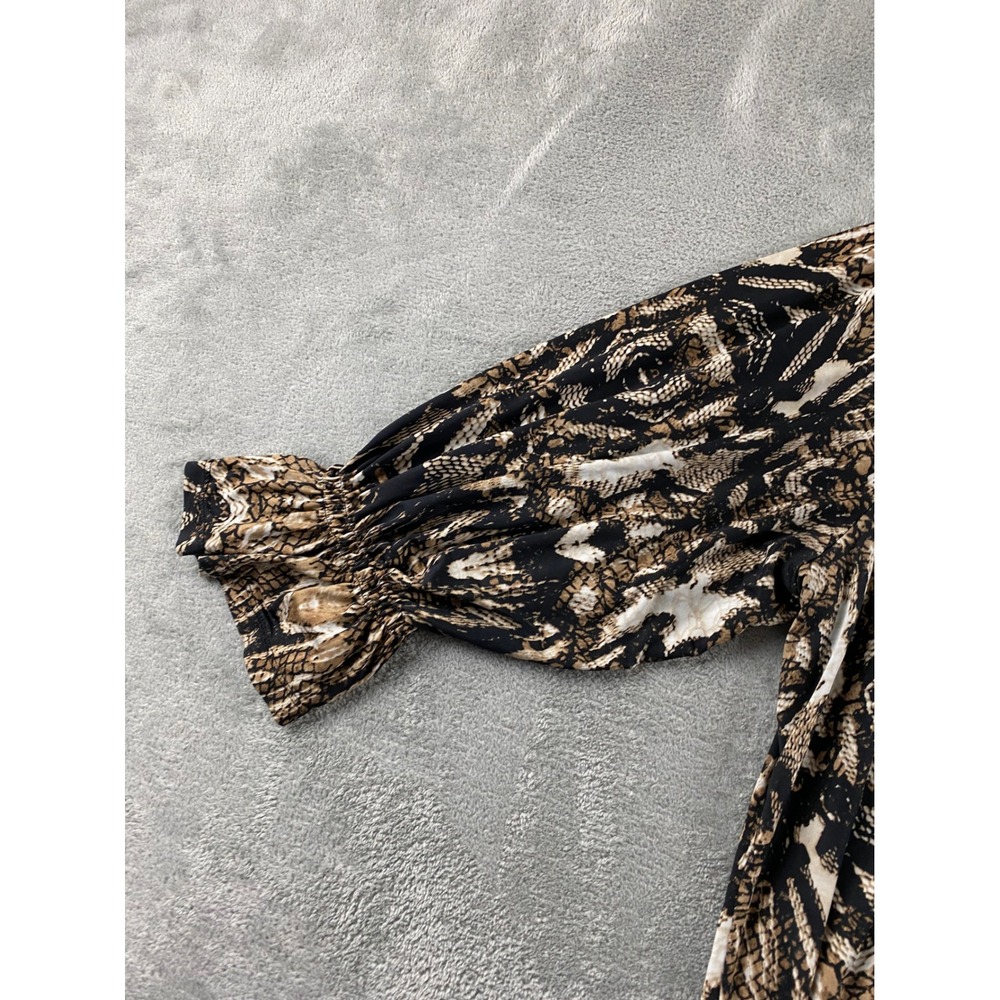 Worthington Woman Stretch Snakeskin Print Ruffle Tie Neck Blouse Plus 1X Brown - Picture 6 of 13